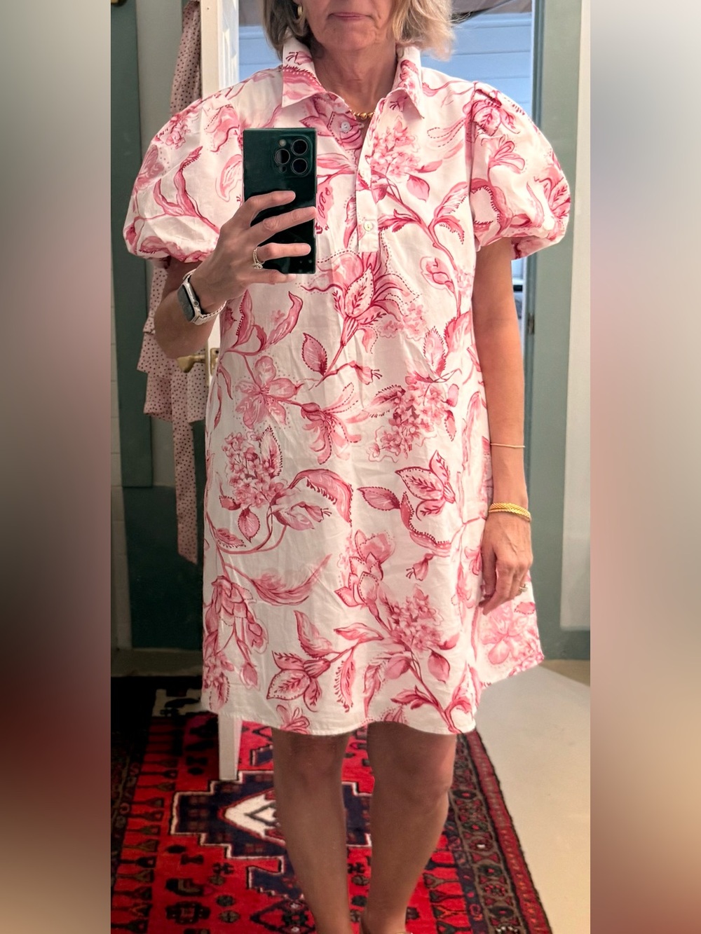 Floral Puff-Sleeve Shift Dress in Pink Floral